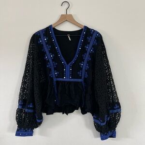 Free People “Boogie All Night” Black Blouse with Cobalt Blue Embroidery - Medium